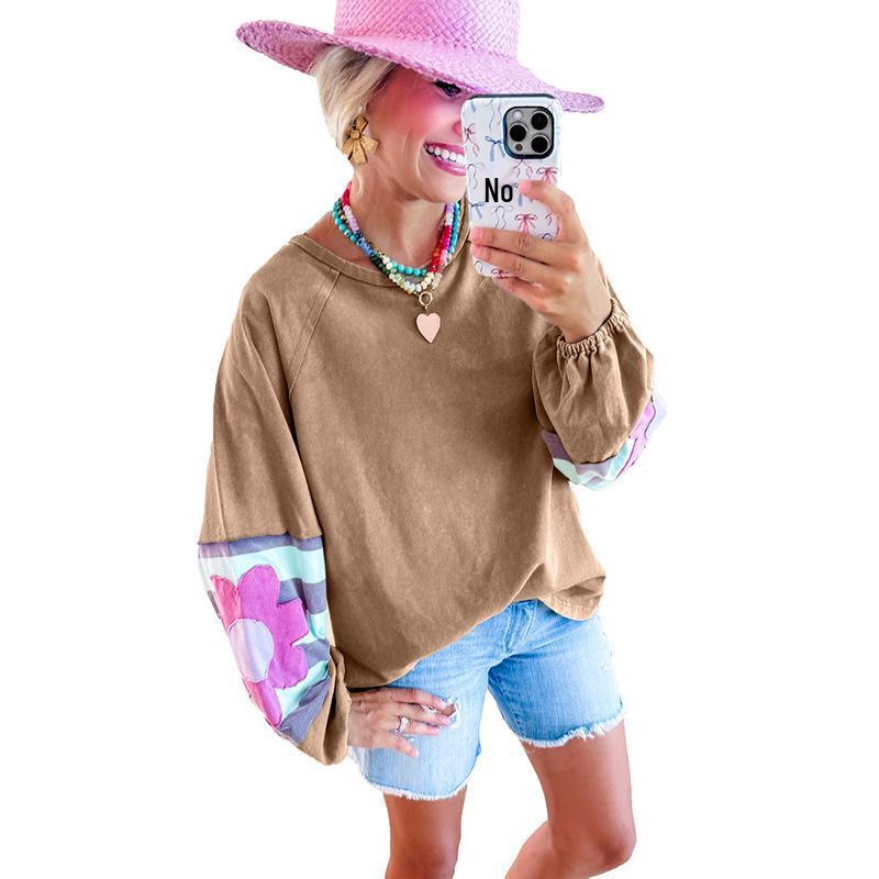 

Женский повседневный пуловер Shiying с цветочным колор-блоком – европейский и американский стиль, универсальная свободная посадка, футболка с длинным рукавом XL коричневый