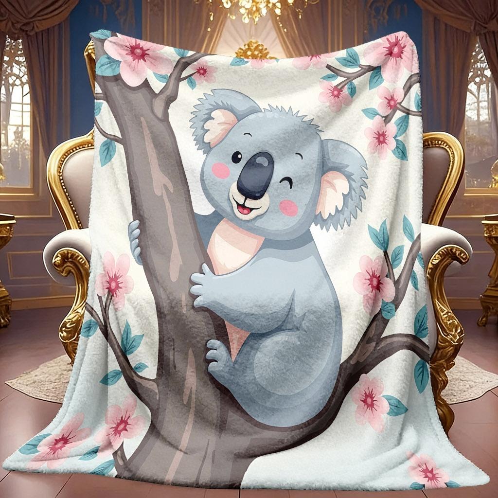 1pc 2D Koala on Floral Tree Theme Pattern Flannel Blanket, Soft HD Digital Print, Cooling Blanket All Year Round! Soft And Breathable 100% Polyester F