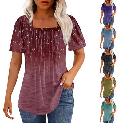 T Shirts For Women Pleated Square Neck Dressy Casual Blouses Printing Short Sleeve Summer Tops Loose Fit