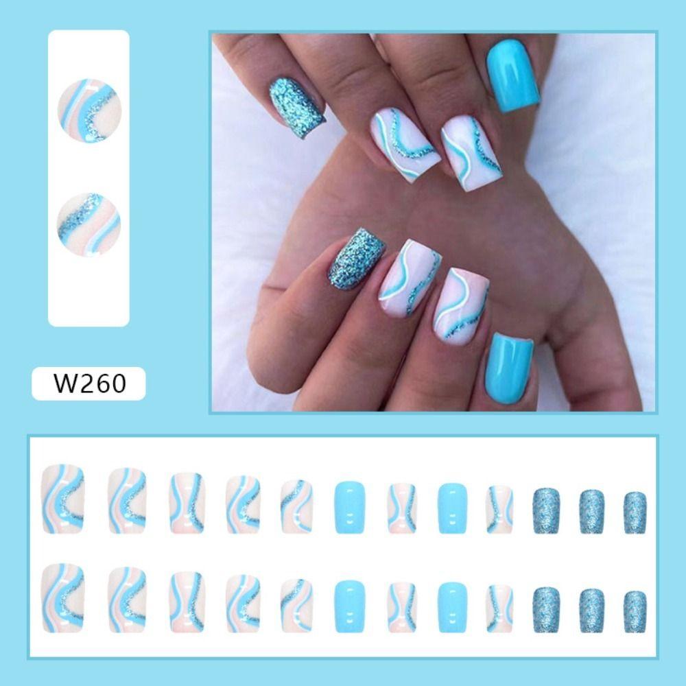 24pcs Detachable Comic Nails Press on Nails DIY Long Square French False Nails Pink Blue