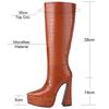 Yellow Faux Crocodile Leather Knee High Platform Boots Women Thick Heels Winter Dress Party Pointed Toe Plush Slip-on Long Boots