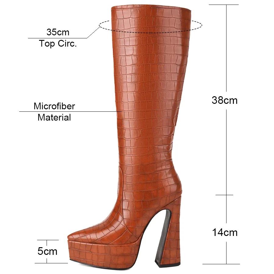 Yellow Faux Crocodile Leather Knee High Platform Boots Women Thick Heels Winter Dress Party Pointed Toe Plush Slip-on Long Boots