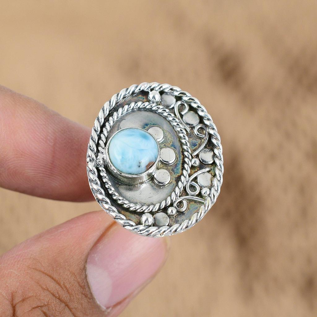 Round Larimar Gemstone Sterling Silver Trendy Birthday New Promise Ring Jewelry
