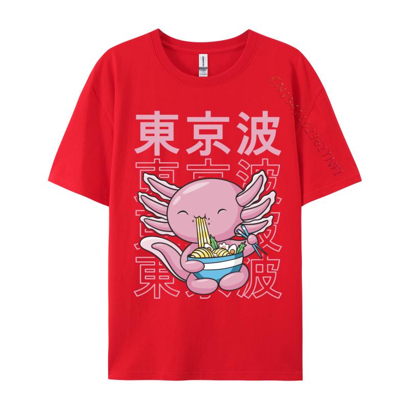 Kawaii Axolotl Eating Ramen Noodles Teens Custom Print T Shirt for Men Family Autumn All Cotton Top T-shirts Hip hop T Shirt