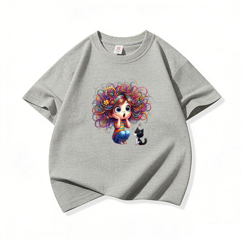 Kids Cotton T Shirt Surprised Colorful Hair Girl And Black Cat Print Crew Neck Short Sleeve Tee Casual Boys Girls Summer Tops