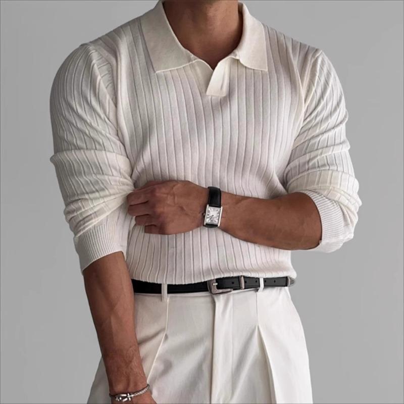 Jaro a podzim Nové pánské jednobarevné žebrované strečové pulovry s klopou Slim pletené tričko