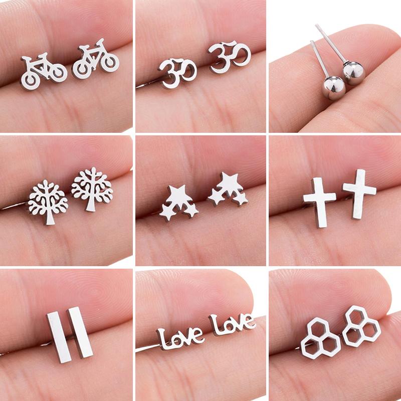 Simple Yoga Om Earring Ball Star Tree Cross Bicycle Stainless Steel Stud Earrings for Women Men T Bar Ear Piercing Gift