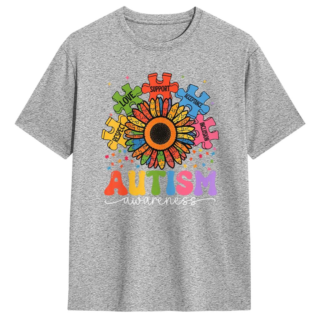 Sunflower Puzzle Respect Love Support Autism T Shirt For Couple Summer T Shirts O Neck Fashion Tees Plus Size Wholesale Clothing