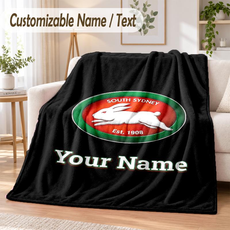 Custom Text Flannel Blanket South Sydney Rabbitohs Print Warm Cozy Blanket Home Sofa Bedding