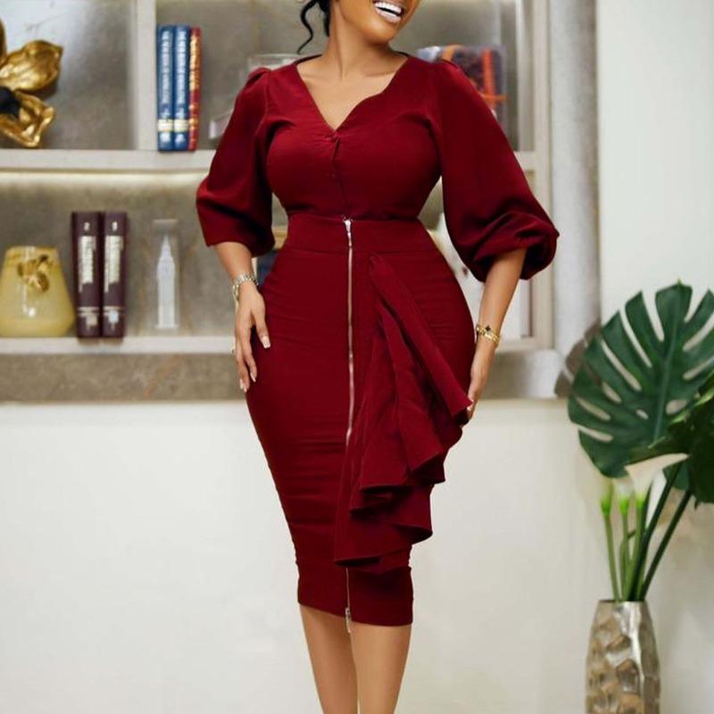 Large size women's clothing autumn and winter V-neck long-sleeved top, hip skirt, two-piece set