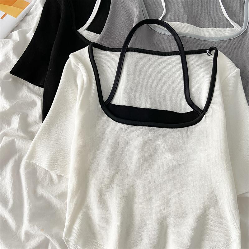 Sommer T-Shirt mit hängendem Hals und quadratischem Ausschnitt für Damen, lockeres, großes, kurzärmliges Oberteil