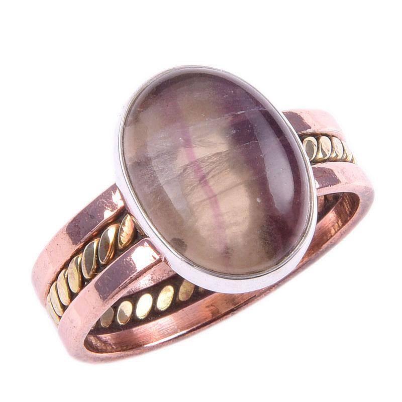 Natural Fluorite Gemstone Handmade 925 Sterling Silver Two Tone Ring S.10 f8L65