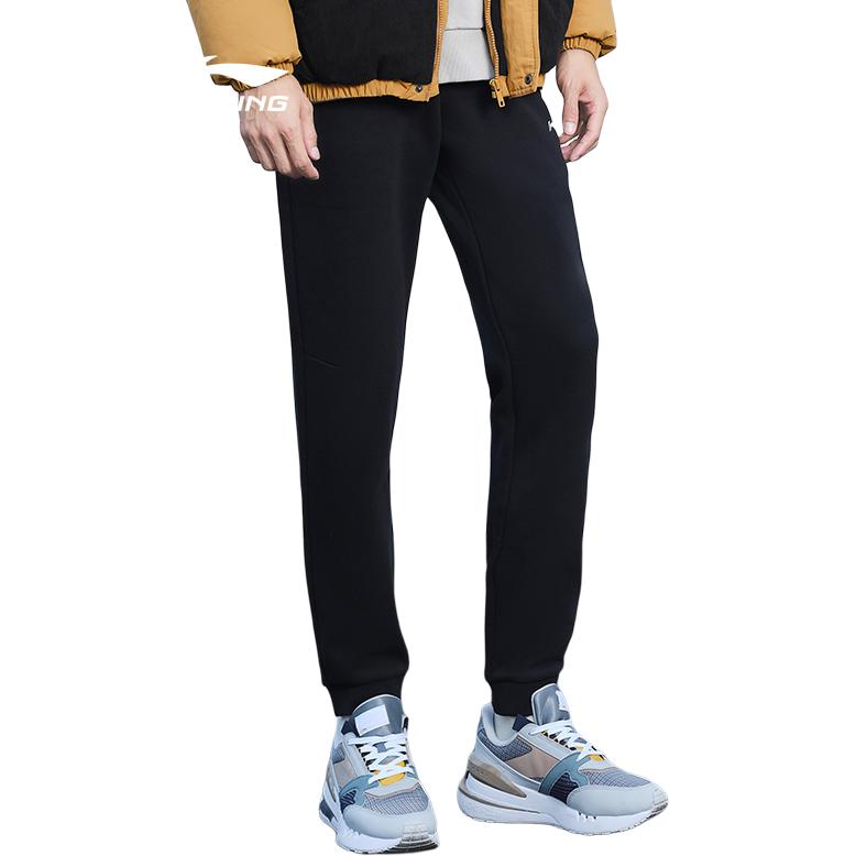 Li Ning Fitness Series Logo Print Fleecegefütterte Bequeme Gestrickte Sporthose Herren Unterteile Schwarz AKLTC13