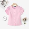 ZANZEA Damen Sommer Rundhals Casual Kurzarm Bluse