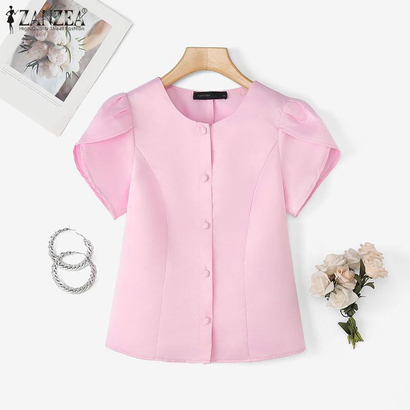 ZANZEA Dámská letní ležérní halenka s kulatým výstřihem a krátkým rukávem