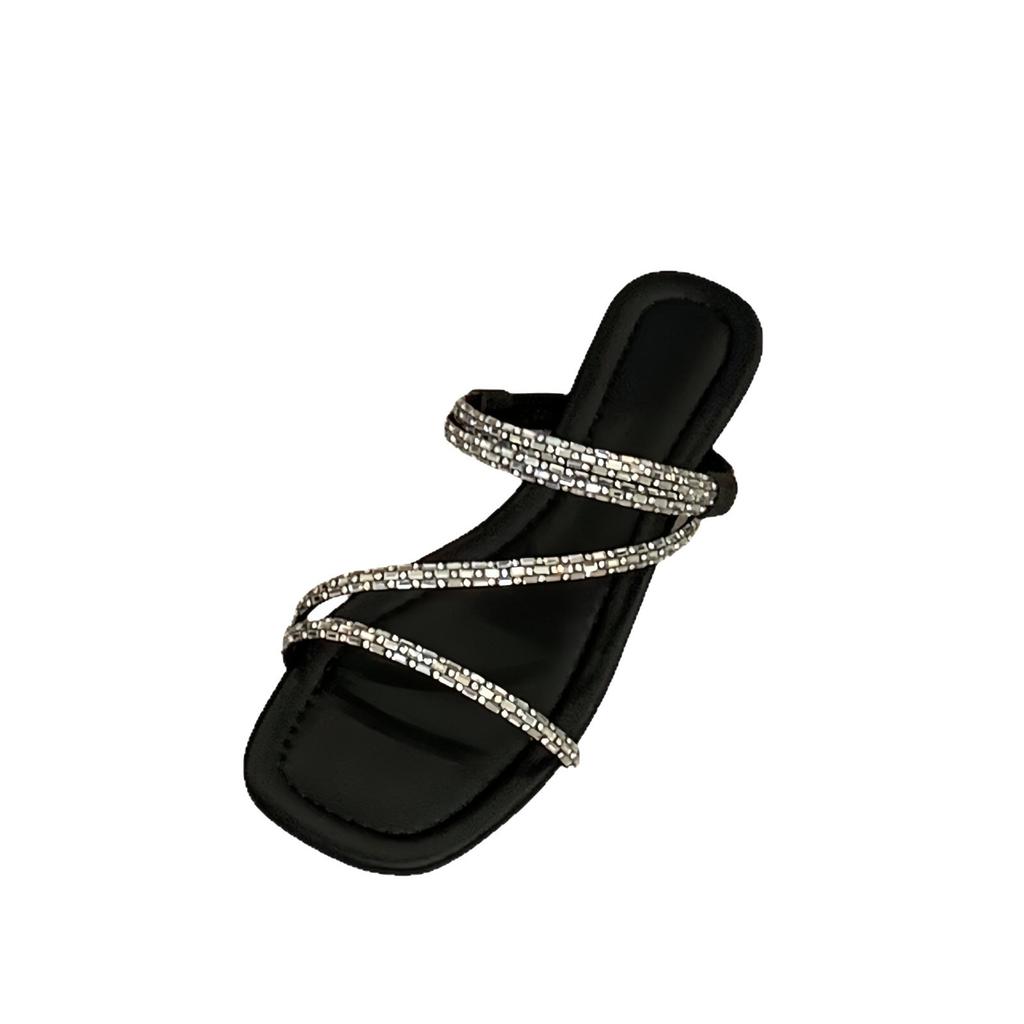 Temperament Slope Heel French Small Cool Slippers Fairy Shoes 2025 New Summer Fashion Two Wear Rhinestone Strap Sandals