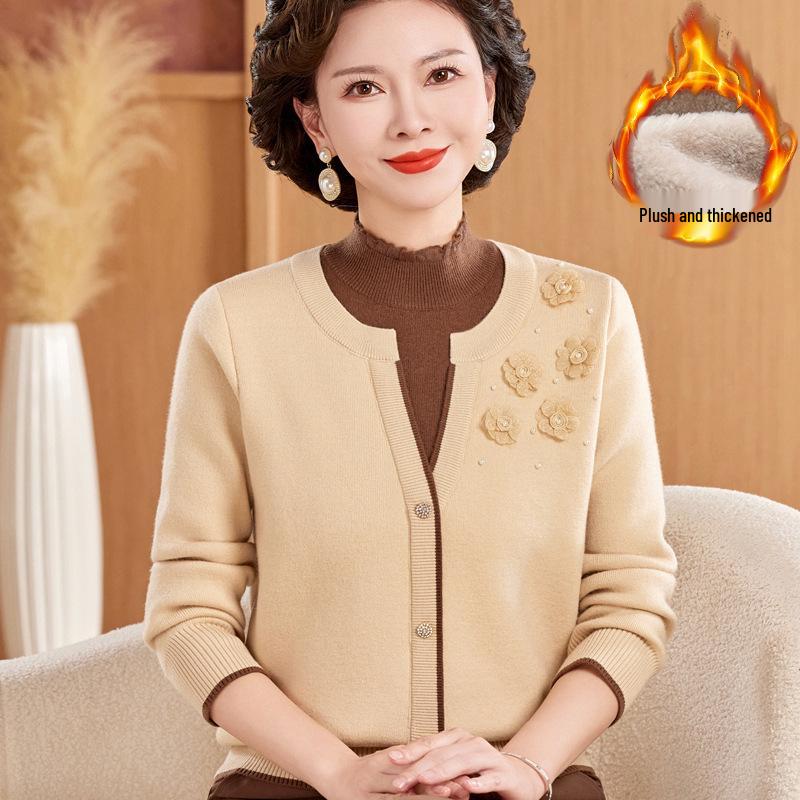 2025 New Autumn/Winter Faux Two-Piece Plus Velvet Sweater for Middle-Aged & Elderly Women, Warm Velvet Base Layer Shirt