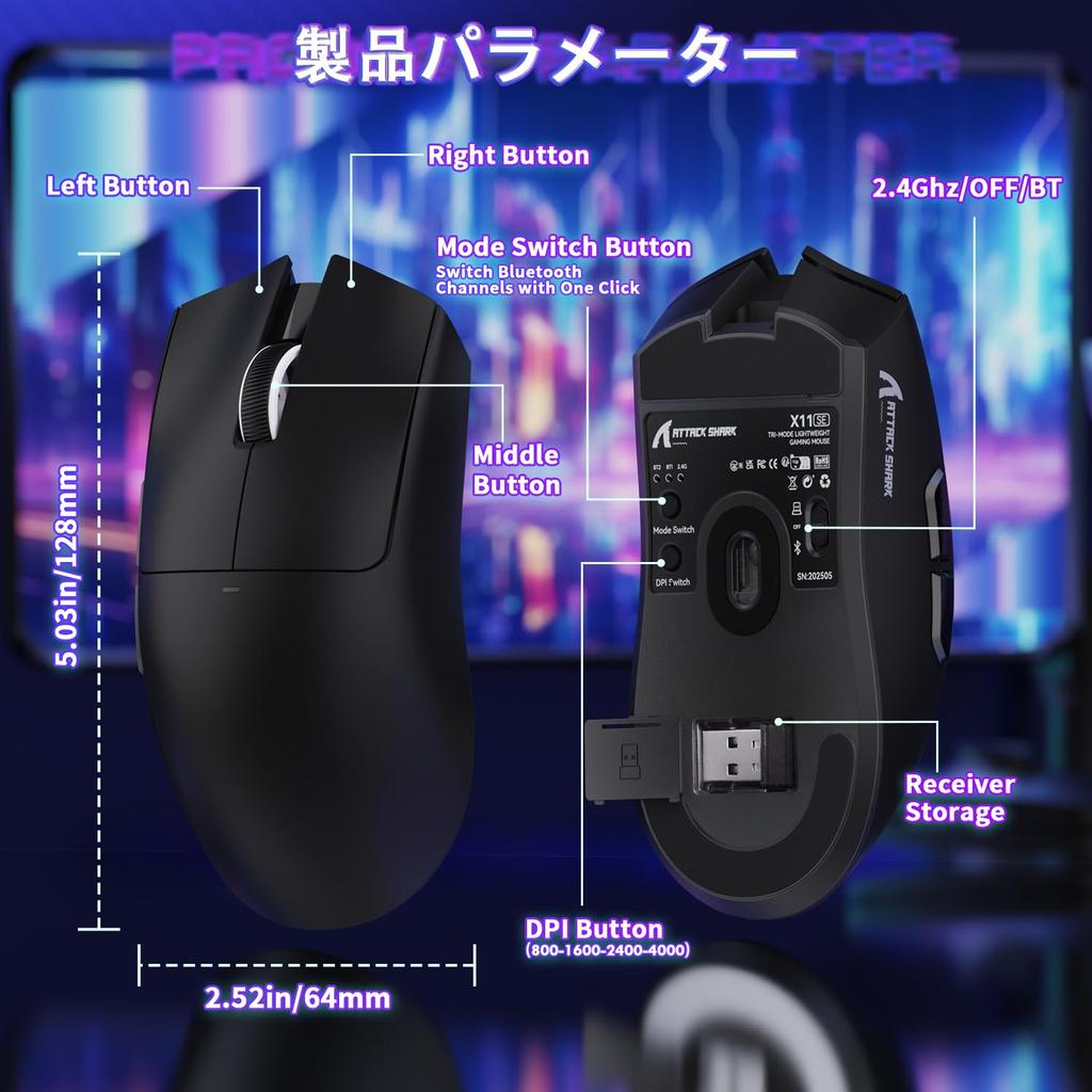 ATTACK SHARK X11SE Gaming Super Wireless 59g PAW3311 22000 DPI 1000Hz Polling Dual for Mouse, Light, 3-Mode Connection 2.4g/Bluetooth/USB-C,