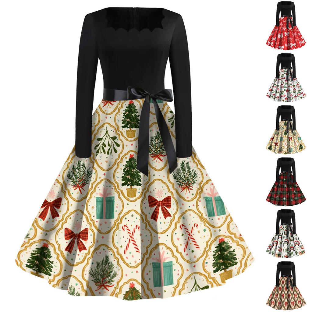 Women's Casual Fashion Christmas Print Square Neck Vintage Dress for Holiday Party