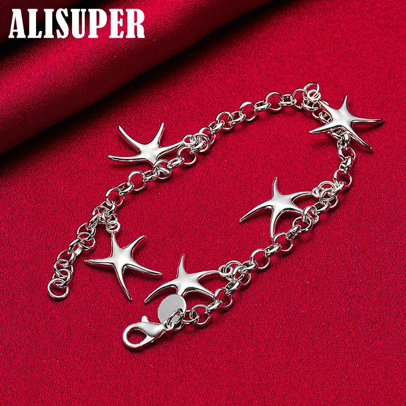 925 Sterling Silver Five Starfish Pendant Bracelet Jewelry