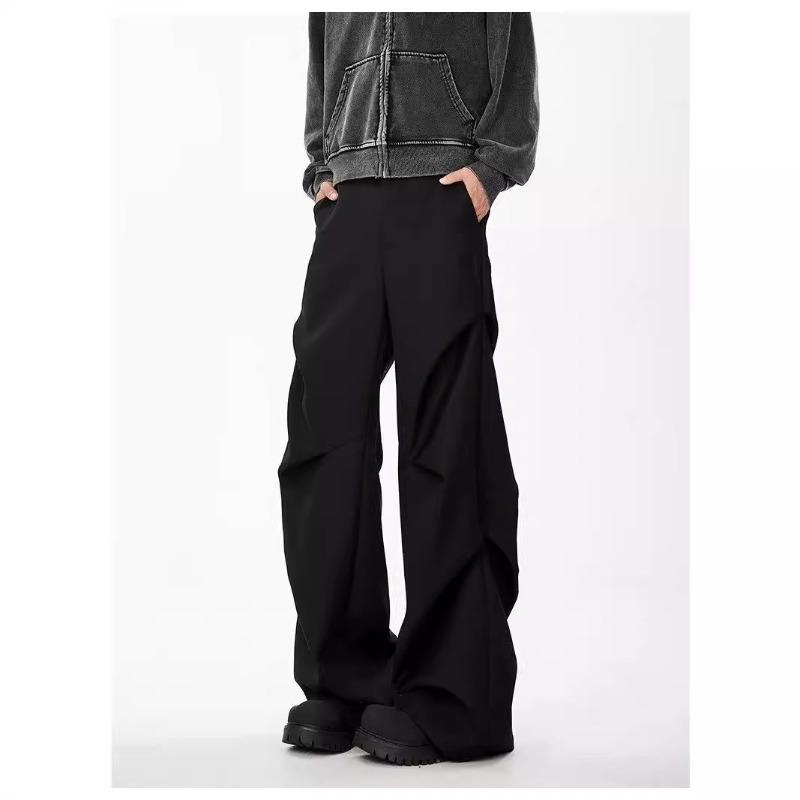 

Men s Streetwear Style Solid Black Pleated Design Wide Leg Casual Trousers M чорний