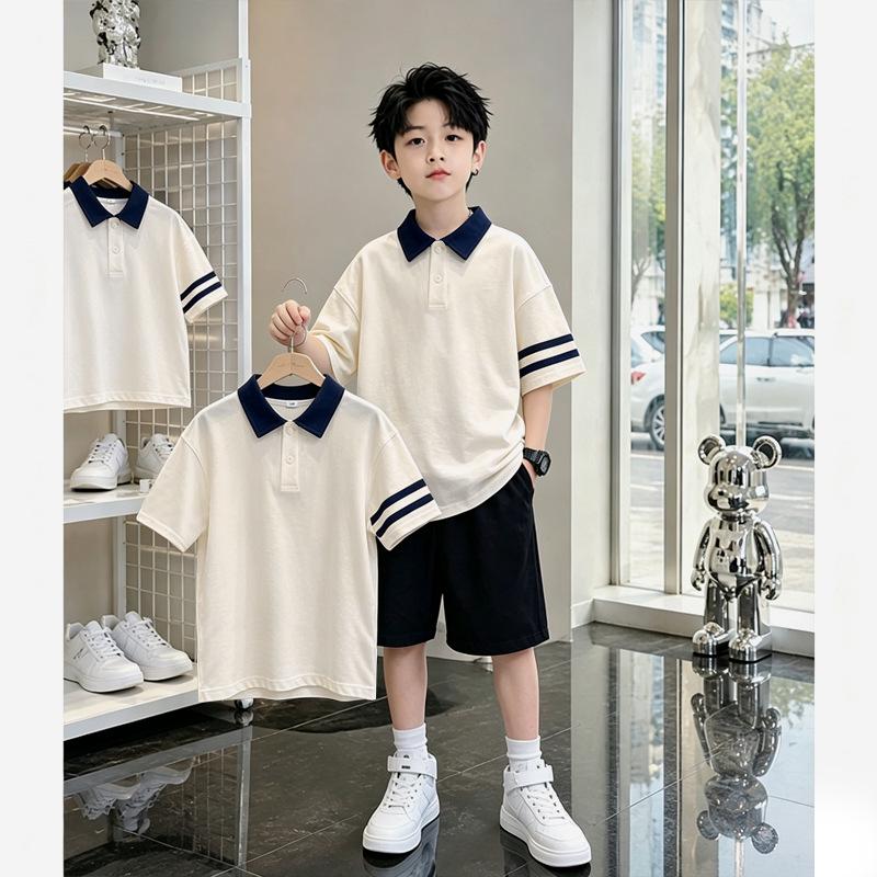 Boys' Cotton Polo T-Shirt Set - Summer 2026, Letter Color Block, Short-Sleeved, for Older Kids