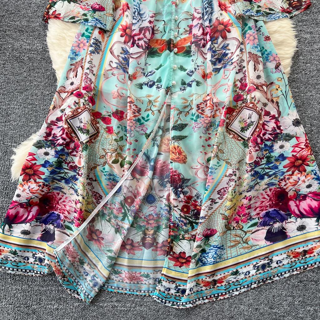 Spring Summer Bohemain Long Dress Women's V-Neck Flare Sleeve Floral Print Single Breasted High Waist A-Line Chiffon Vestidos