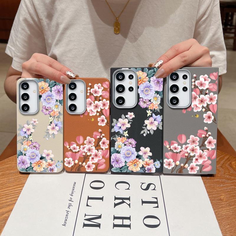 Color Floral Print Matte Leather Texture Phone Case For Samsung S25 S24 FE S23 Ultra S22 S21 A16 A56 A36 A15 A55 A35 Soft Slim TPU Shockproof  Cover