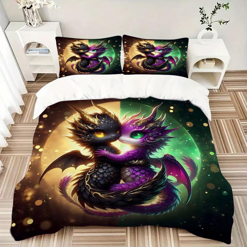 3pcs Two Dragons in Love Printed Bedding Set, Soft and Comfortable Quilt Cover for Bedroom, Guest Room (1 Duvet Cover + 2 Pillowcases, Pillo