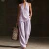 Women's Summer Striped Two Piece Set Sleeveless Halter Neck Top And Long Pants Matching Sets Casual Travel Vacation Outfits