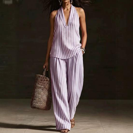 Women's Summer Striped Two Piece Set Sleeveless Halter Neck Top And Long Pants Matching Sets Casual Travel Vacation Outfits