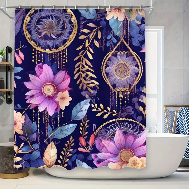 

Vibrant Bohemian Blue Shower Curtain: Floral Decorative Bath Rug Liner Purple Pink Yellow Gold Dream Catchers Leaves 180X240Cm B W60H190(CM)-1 Pcs