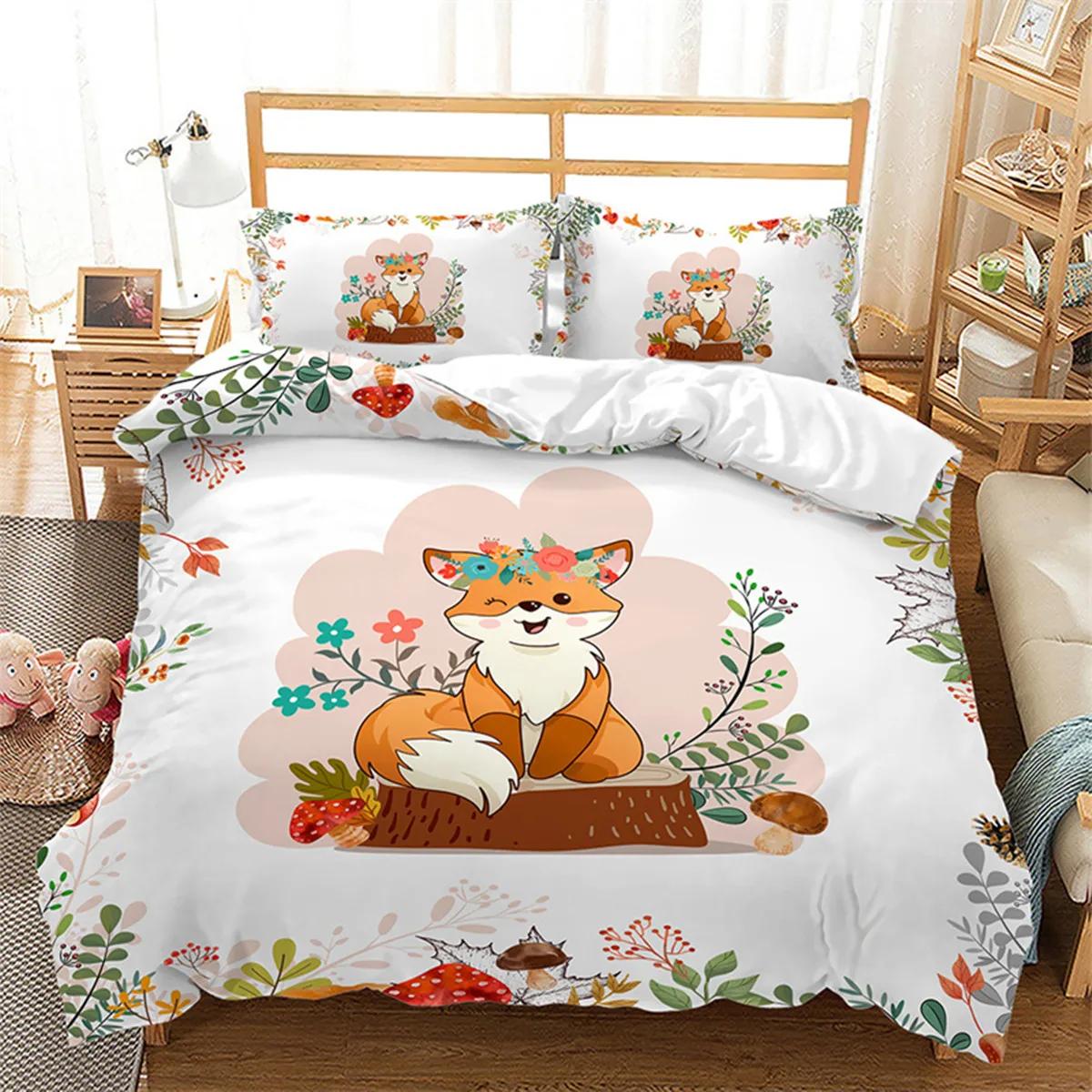 

Cartoon Fox Duvet Cover Kawaii Animal Autumn Leaves Maple Leaf Theme Woodland Animals for Kids Women Girls Bedroom Decoration 70x133cm 2pcs