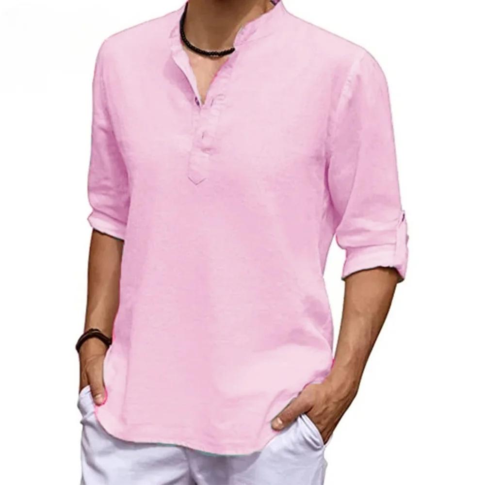 

Men s Casual Shirts Solid Color Soft Comfortable Thin Tops Breathable Loose Fashion Button Henry Neck Long Sleeve Blouse M розовый