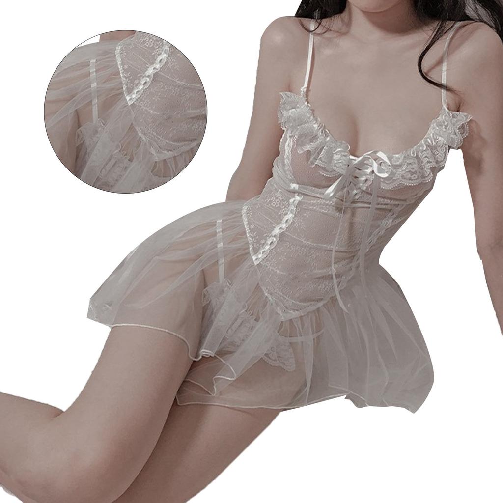 Lace Lingerie Chemise See Through Tulle Nylon Charming Exotic Lace Nightgown for Honeymoon White Free Size
