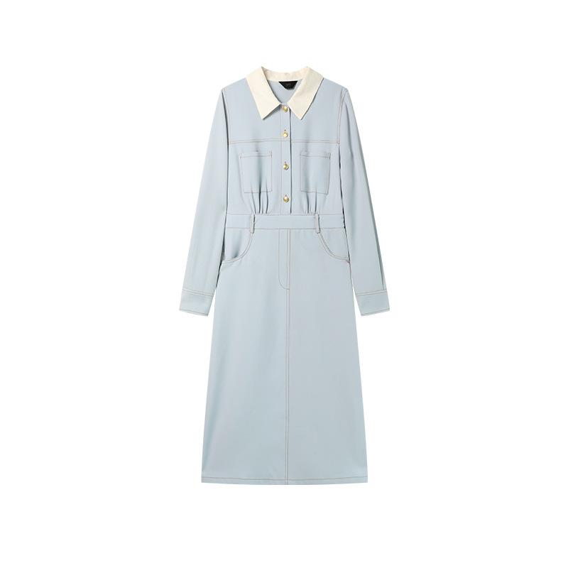 Spring New Splicing Lapel Temperament Slim-fitting Contrasting Denim Medium and Long-sleeved POLO Collar Dress Women