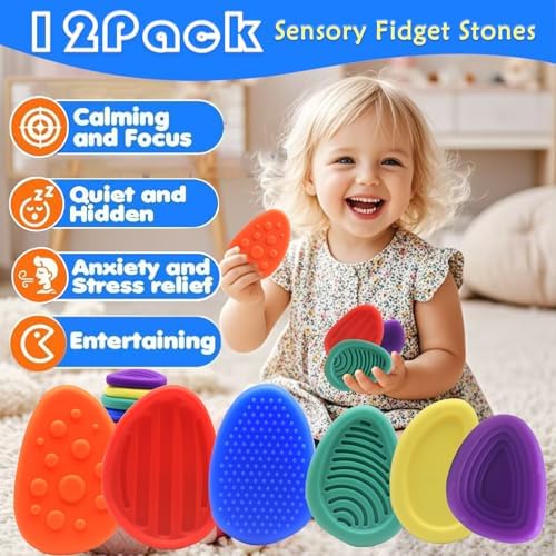 Sinnes 12-Pack Sensory Fidget Toys Set, Quiet Fidget Toys for Kids with Autism, Classroom Prizes, Anxiety Relief Sensory Stones