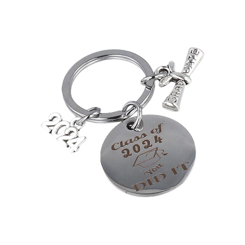 2024 Graduation Doctoral Cap Stainless Steel Engraved Keychain Rings Key Holder Inspirational Language Creative Gift Accessories