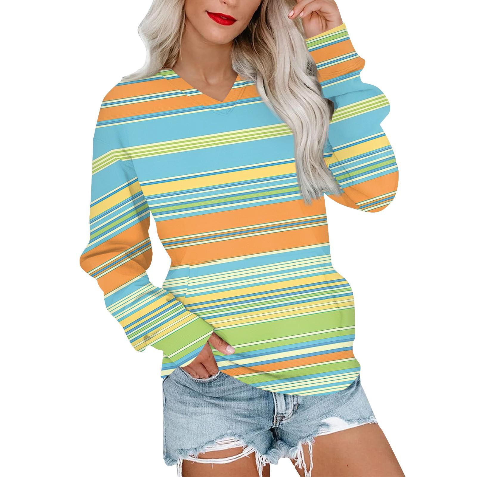 

Женская повседневная модная полосатая толстовка с V-образным вырезом и длинным рукавом, легкая толстовка с карманами M циан