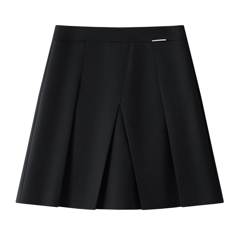 Women's Spring 2025 High-End Black Pleated Irregular Midi Skirt