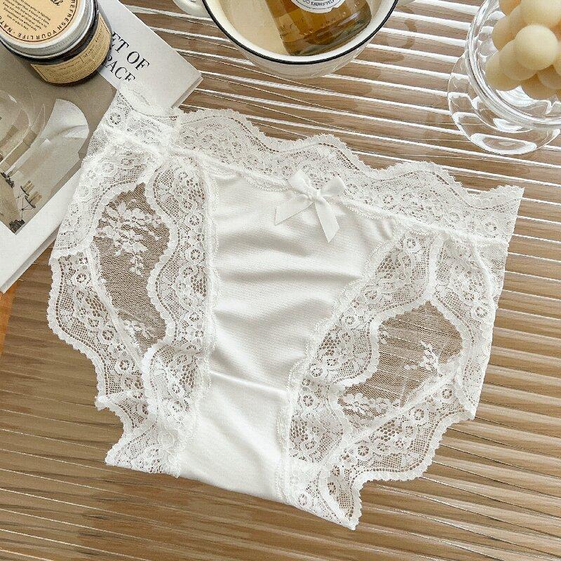 Pure Desire Lace Panties for Women Summer Thin Sexy Bow Satin Breathable Girl High Slit Low Waist Briefs