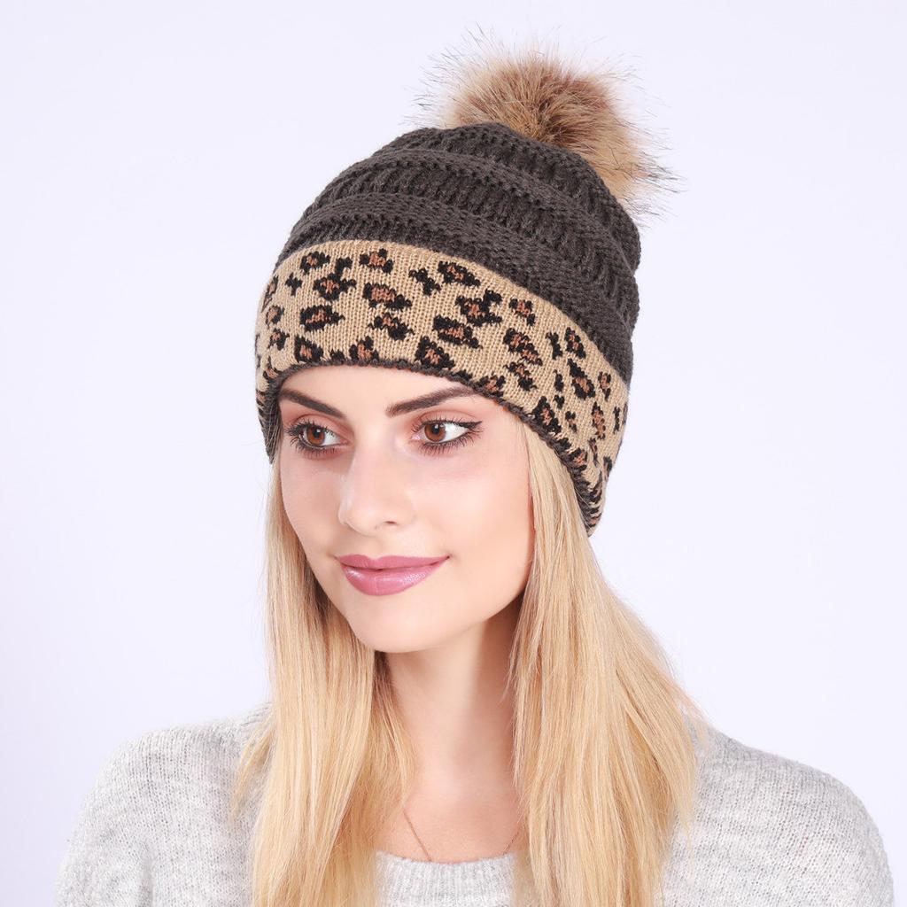 New Rolled Up Thickened Warm Knitted Cap  Winter Woolen Cap  Leopard Print Fashionable Pile Cap