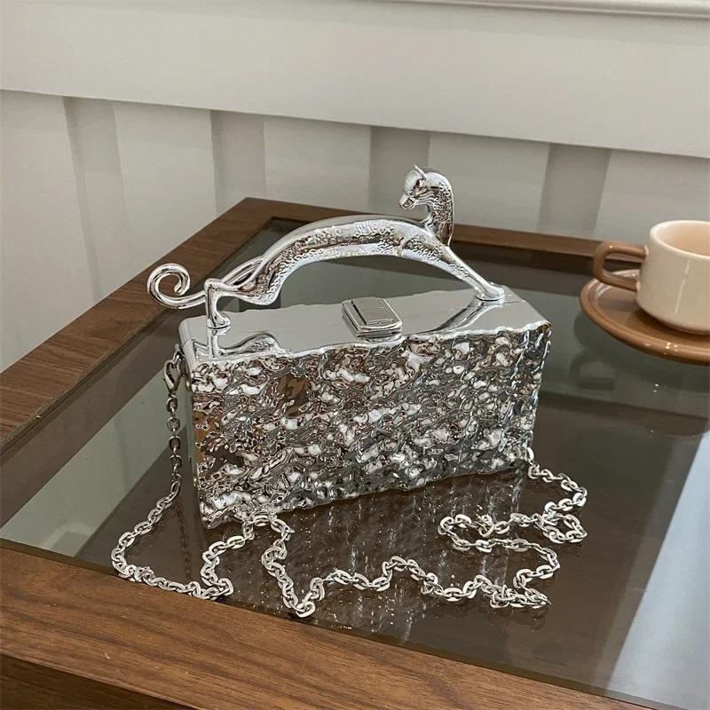 Luxury Gold Women Party Evening Bag for Women Metal Handle Clutch Handbag Purse Chain Shoulder Crossbody Mini Box Bags