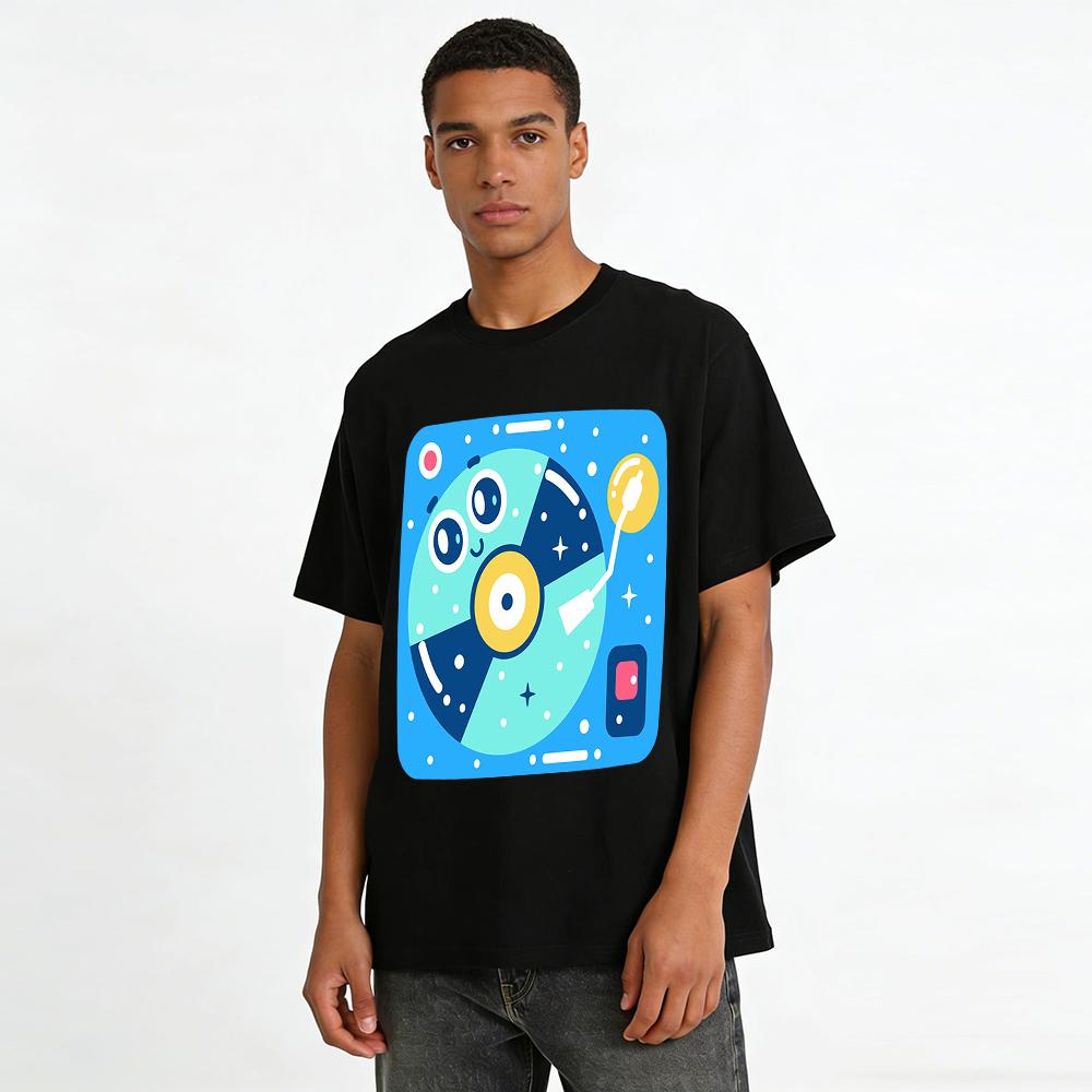 Cartoon Space Record Player Print Kids T-shirt Boys Girls Fun Music Style Casual Short Sleeve Top Pure cotton T-shirt