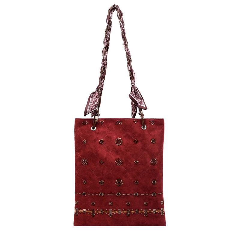 New Heavy-duty Beaded Denim Flannel Shoulder Bags Ethnic Style Versatile Crossbody Bags Large Capacity Retro Handbags for Women