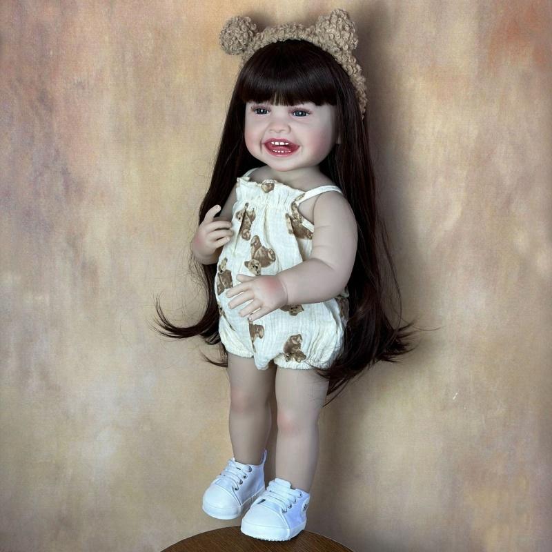 Păpușă renăscută Mila de 55 cm, finisată moale, complet din silicon, lavabilă, păpușă nou-născută drăguță, zâmbet fericit, simulare, păpuși pentru copii, jucării pentru casă de joacă