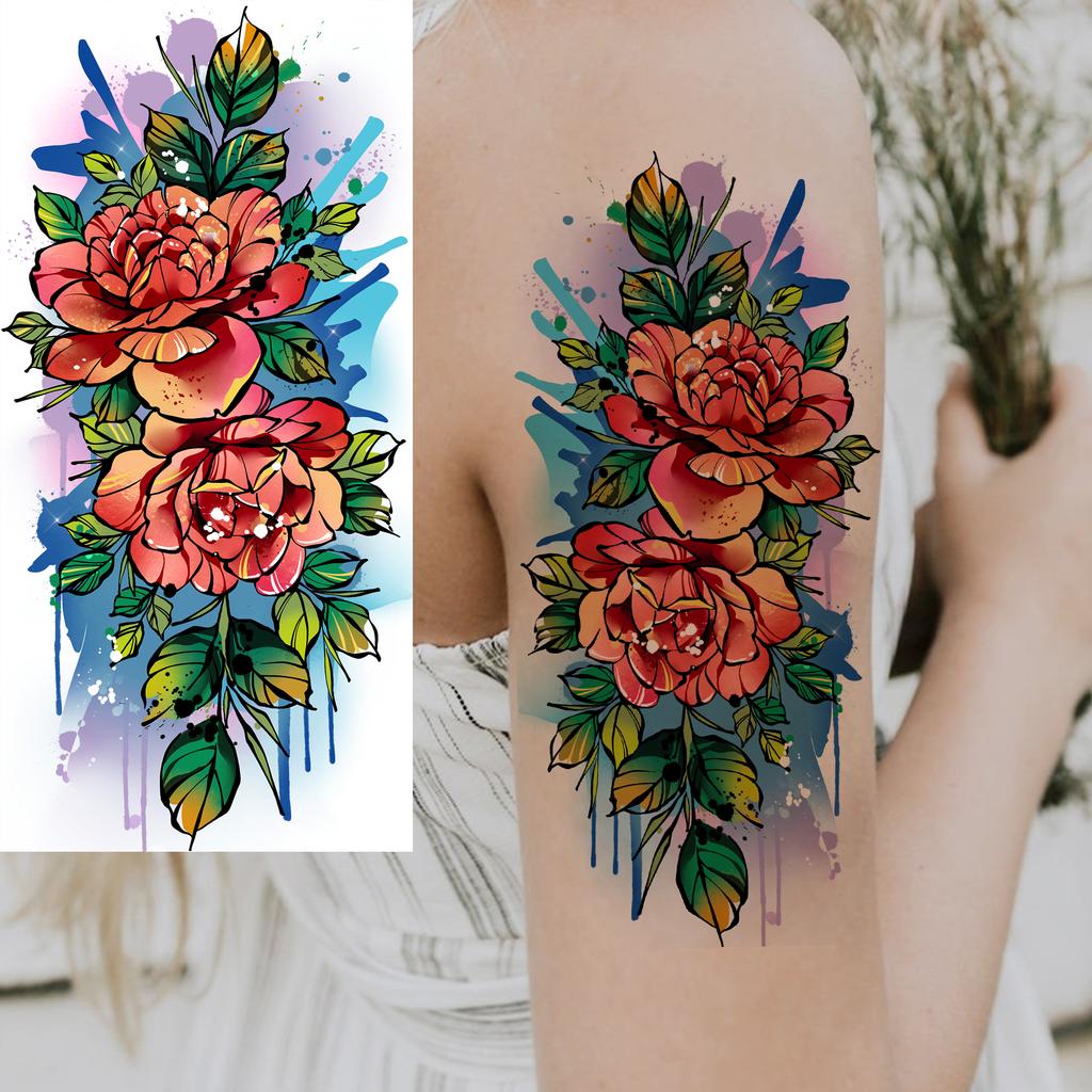 1 Sheet Butterfly Watercolor Flower Tiger Temporary Tattoos For Women Men Adults Fake Phoenix Parrot Lotus Tattoo Sticker Sleeve