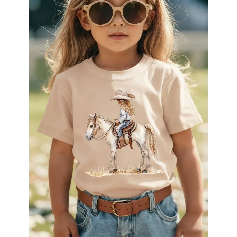 Girl Clothes Cow Girl Riding Horse 3D Print T-Shirt Western Festival Casual Top Summer Short Sleeve Outdoor Children's Clothing