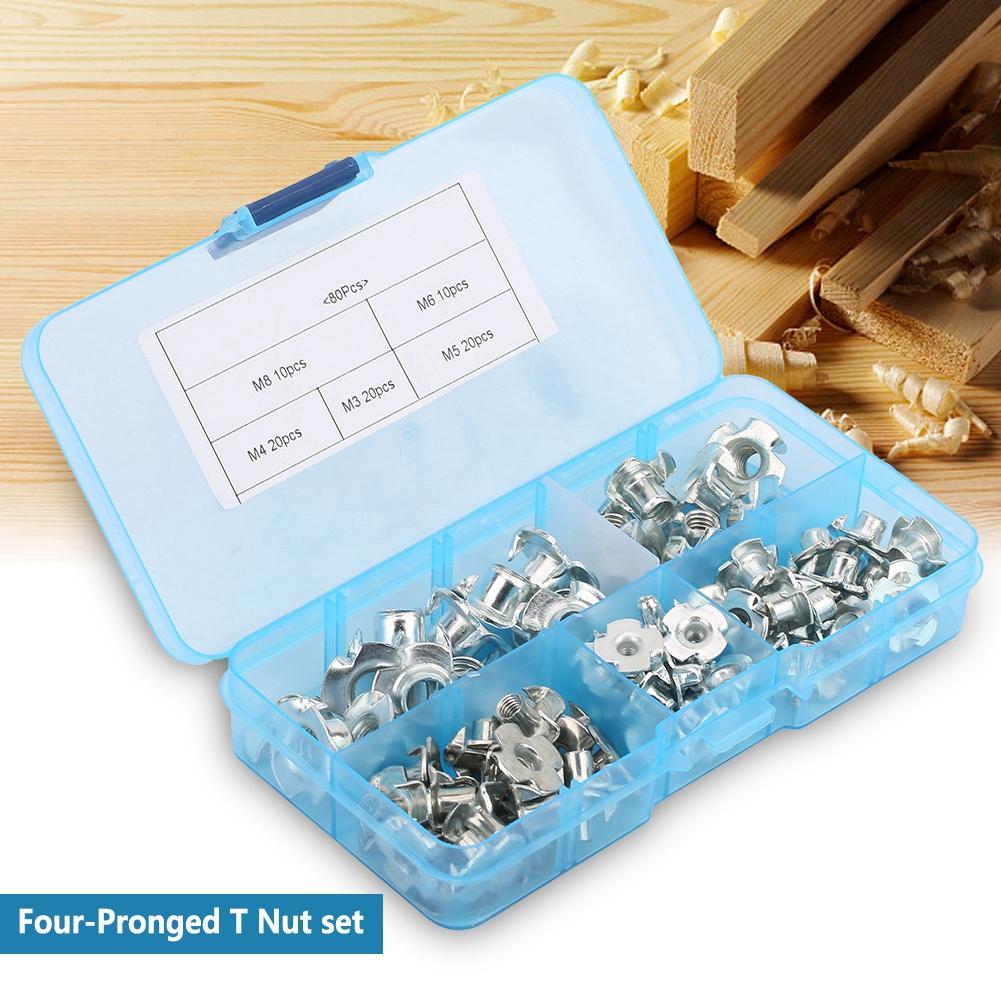 80pcs Carbon Steel T Nut Four Pronged M3 4 5 6 8 Tee Nuts Kits For Woodworking Furniture