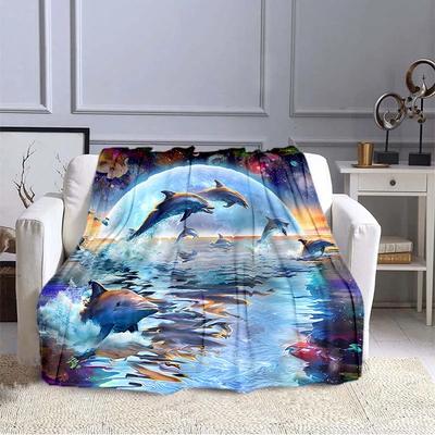 Manta de Franela Kawaii Delfín Animales Marinos Azules Tamaño King Queen Full Twin Para Niños Niños Niñas Súper Suave Cálida Ligera